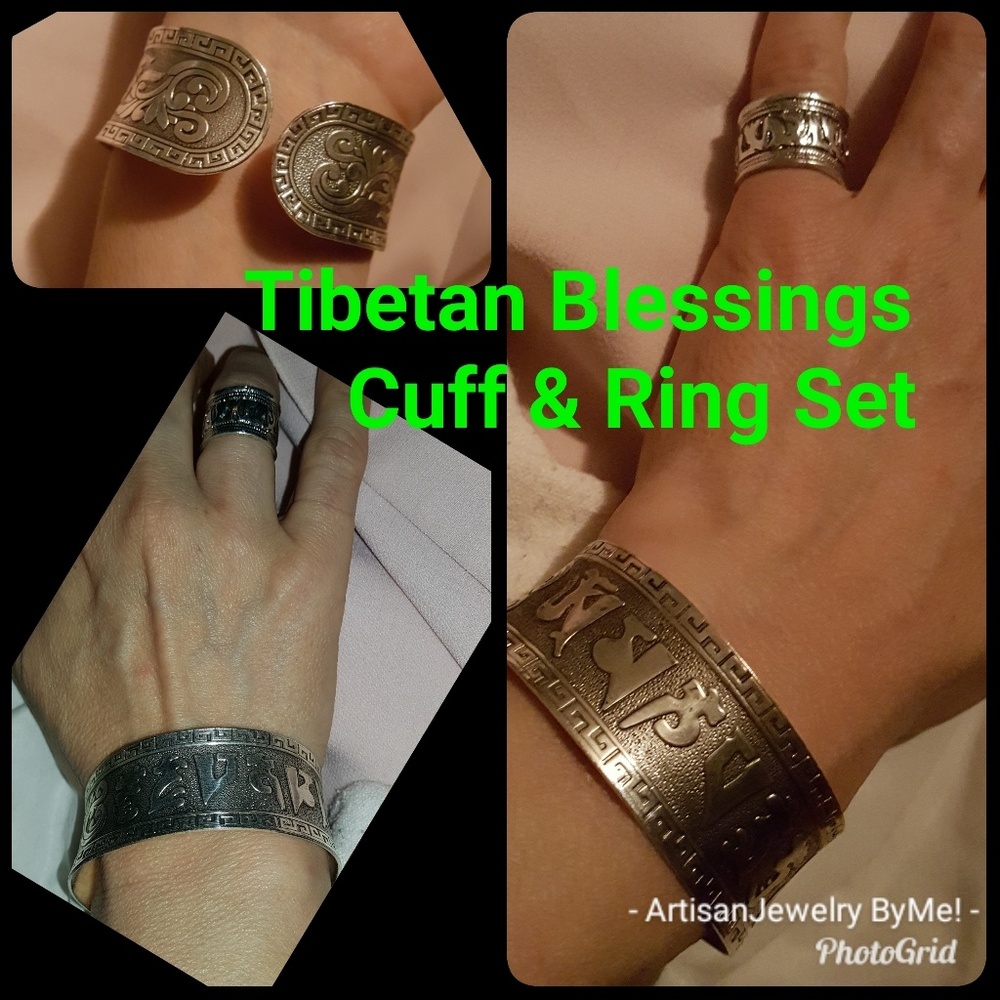 TibetanBlessing Ring & Cuff Set Embossed Etched
